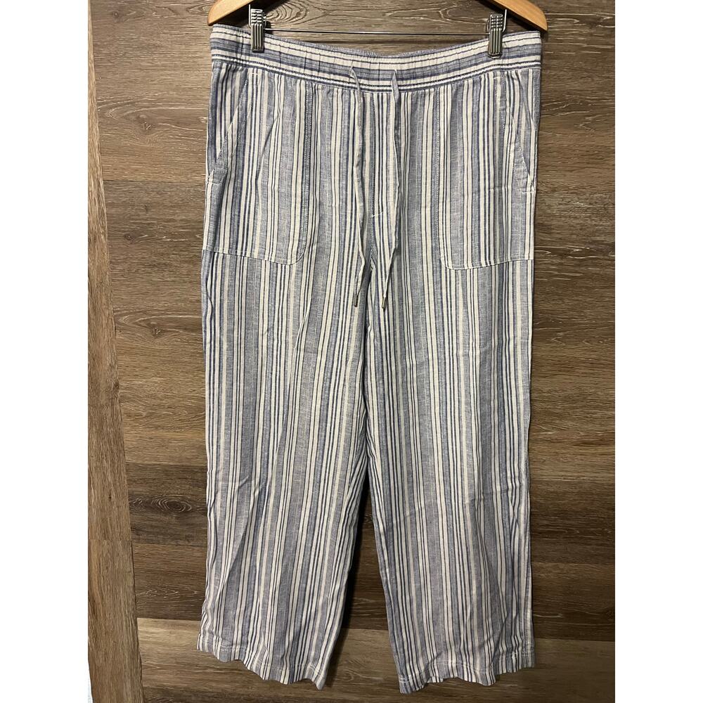 Gap linen blend pants size Large flare stripped blue white string flowy summer